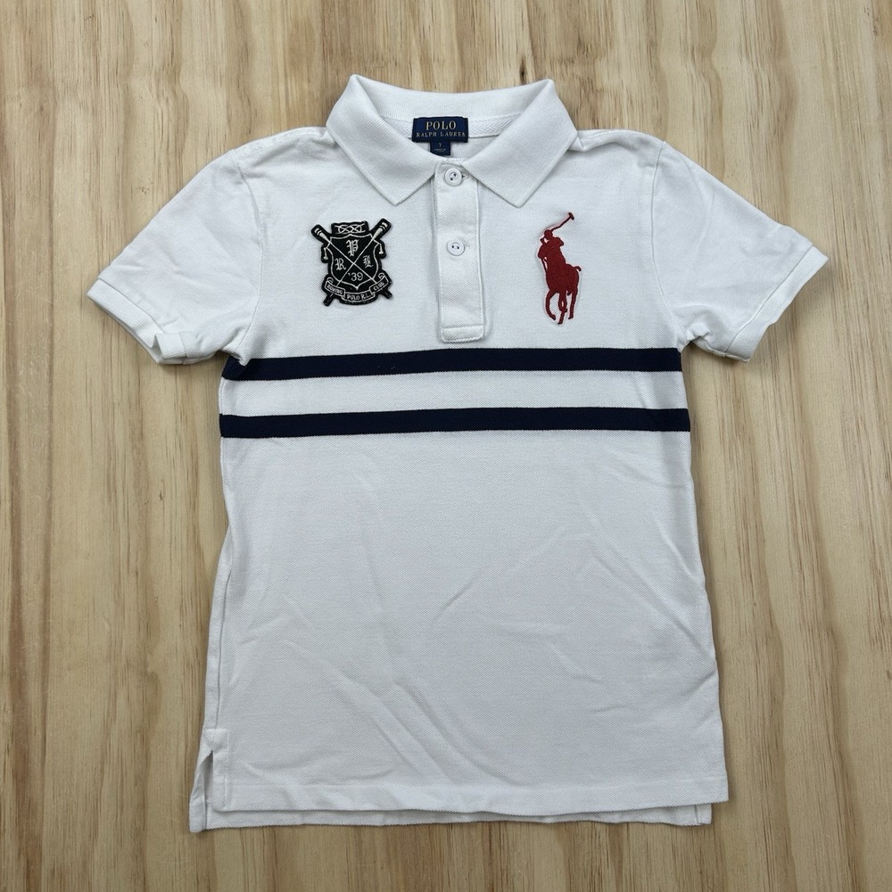 Polo Ralph Lauren Boys Size 7 White Big Pony Rowing Polo Club Short Sleeve